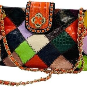 Women’s Patchwork Shoulder Bag – Colorful Faux Leather Purse with Chain Strap