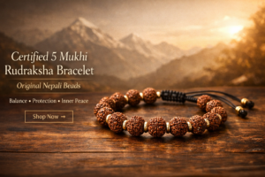 Certified 5 Mukhi Rudraksha Bracelet made with original Nepali beads placed on wooden surface with Himalayan background.
